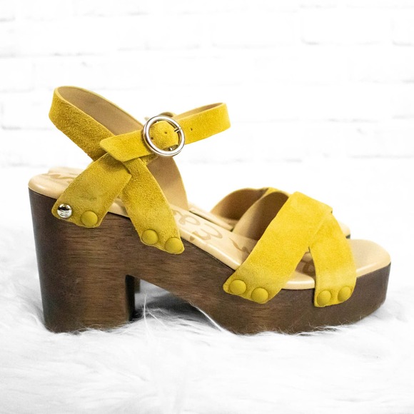 Sam Edelman Shoes - Sam Edelman Womens Yellow Suede Wood Platform Heel Sandals Size 6.5 Ankle Wrap